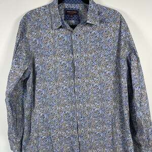 Johnston & Murphy Men's XL Blue Floral Micro-Leaf Print Button-Down Shirt